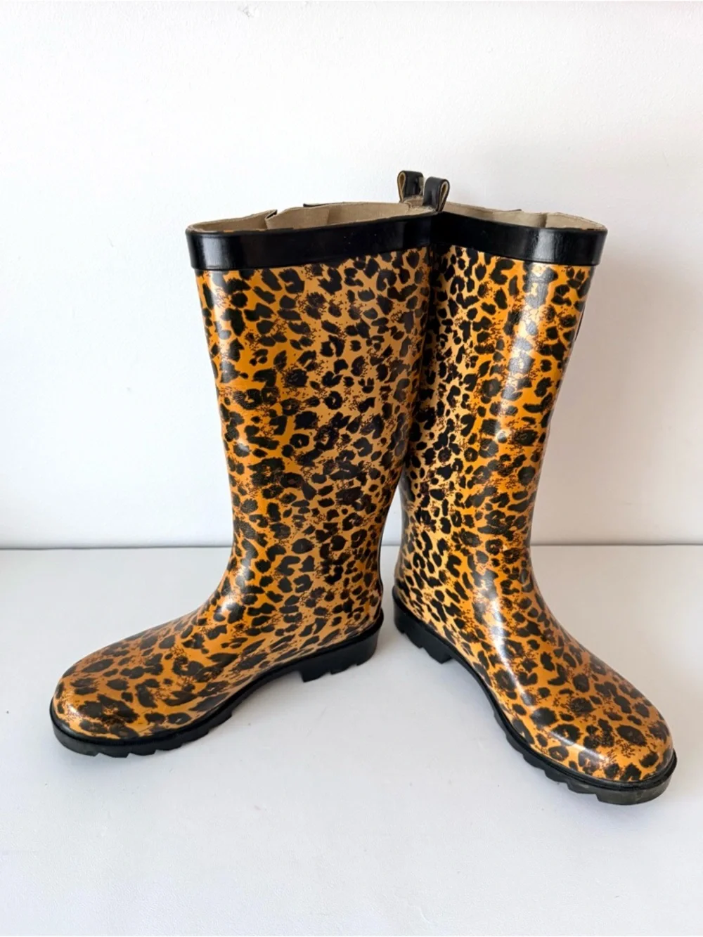Capelli New York Ladies Shiny Leopard Print Tall Rain Boot Adjustable Calf 6 - Picture 8 of 11